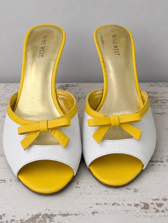 Nine West Shoes - Nine West White and Yellow Bow Peep-Toe Slide Heels